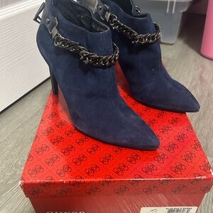 Guess Women's Navy Heeled Boots with Chain Detail